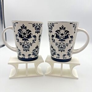 2 Pier 1 Imports Black White Damask Coffee Mugs/Cups Handpainted Stoneware